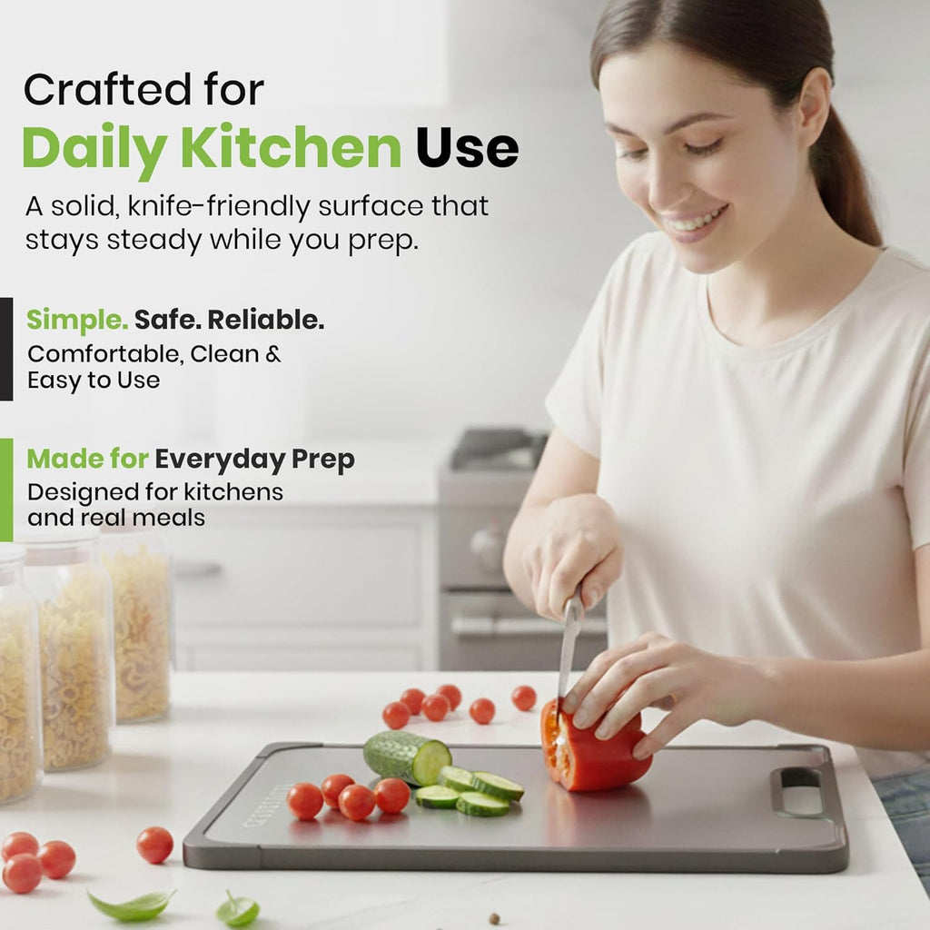 Double Sided Cutting Board – Stainless Steel & Wheat Fiber Reversible Chopping Board, Non-Porous Metal Side & Lightweight Prep Board for Meat, Vegetables & Daily Kitchen Use