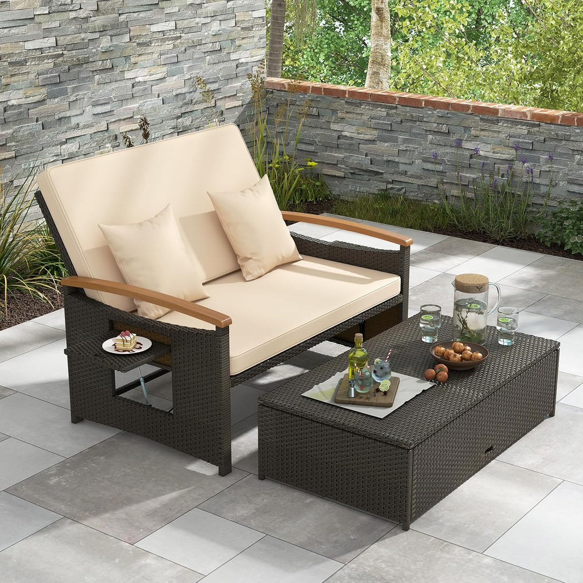 LDAILY Moccha Outdoor Wicker Daybed, Patio Rattan Loveseat Sofa w/ 4-Level Adjustable Backrest, Folding Panels, Storage Ottoman & Cushions, Lounge Furniture Set for Poolside Backyard Porch (Beige)