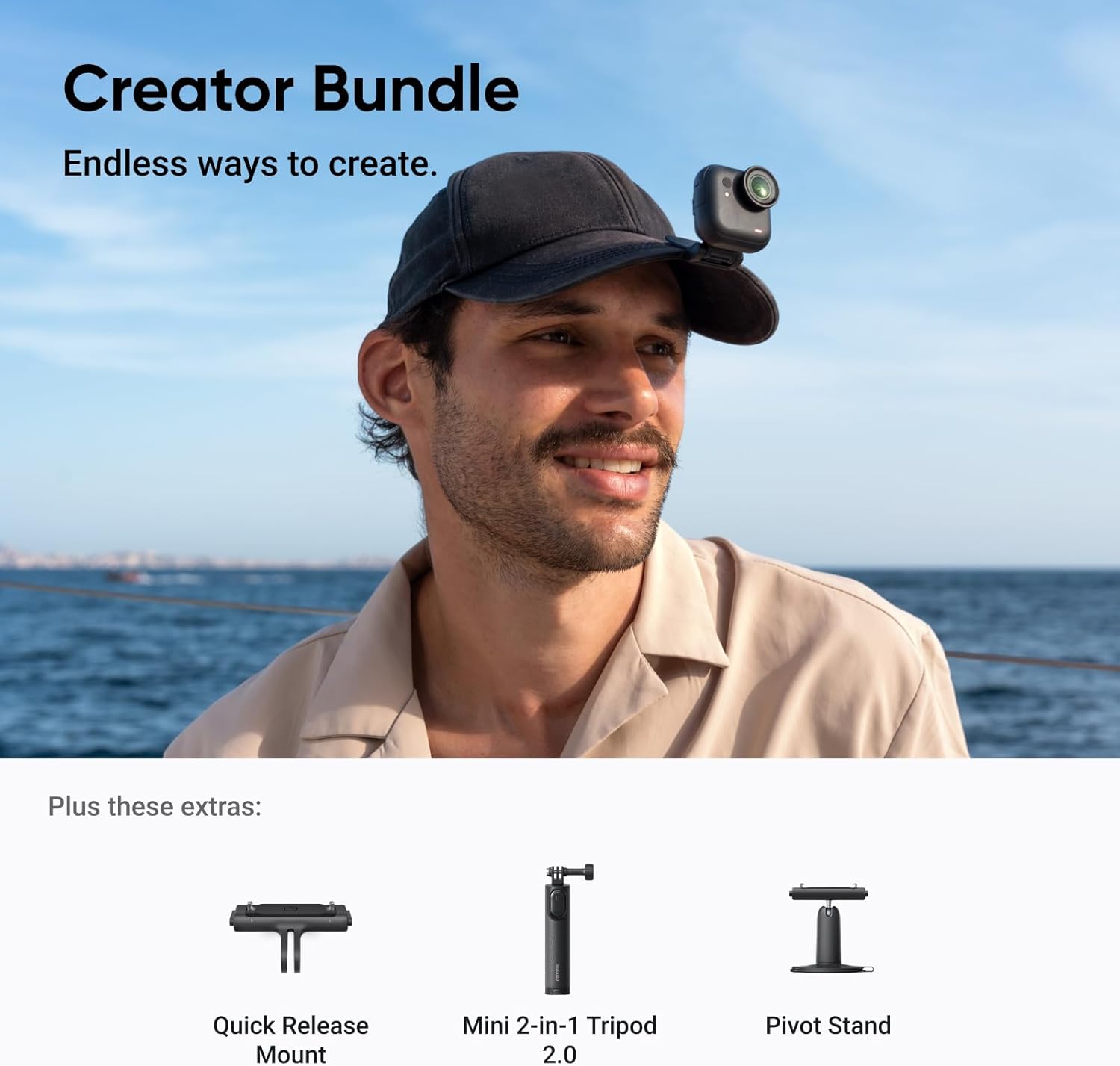 Insta360 GO Ultra Creator Bundle - Small 4K Vlogging Camera, Hands-Free, POV Cam, 1/1.28" Sensor, 53g Lightweight, 156° FOV, 200 Min Battery Life, Magnetic Wearable Action Camera for Sports, YouTube