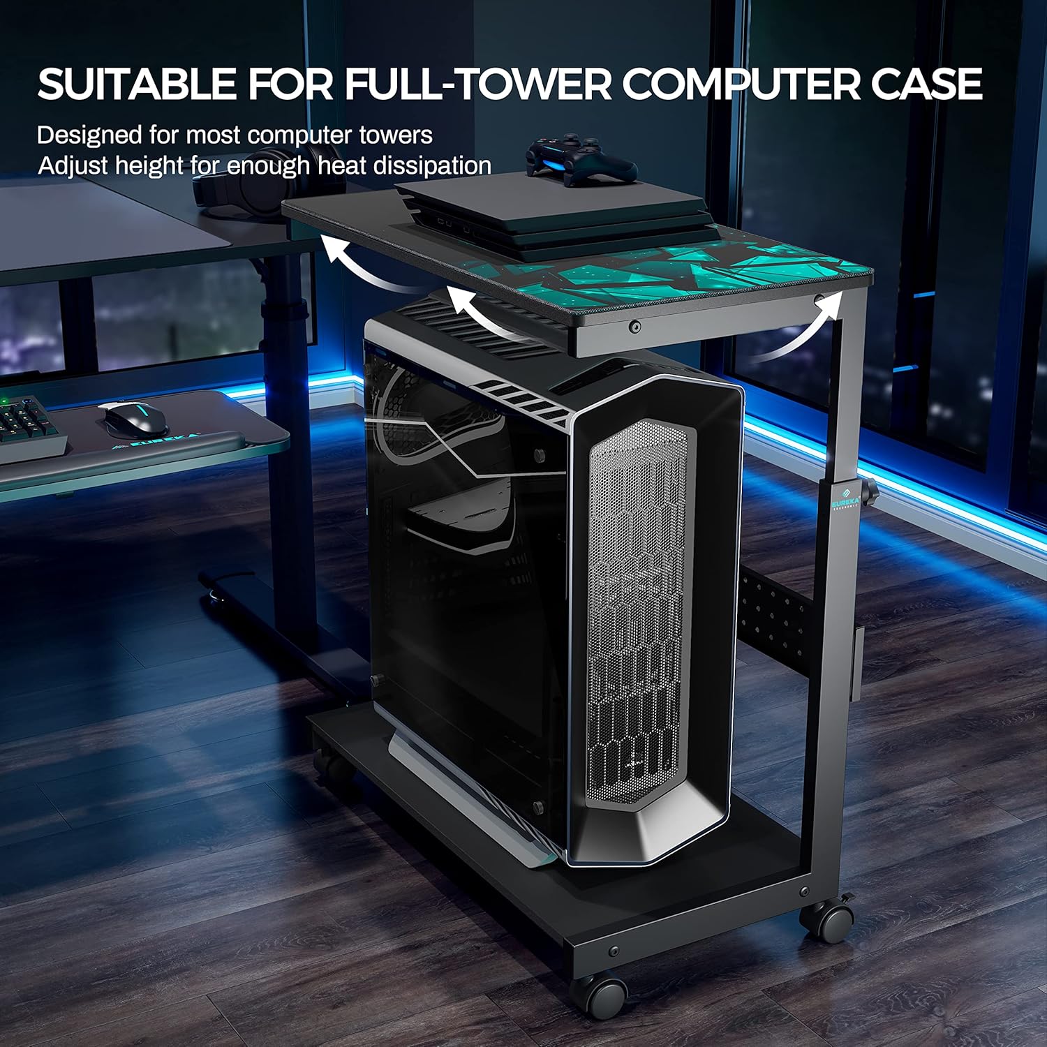 EUREKA ERGONOMIC PC Stand Computer Cart, Height Adjustable Tower Stand 2-Tier Suit for ATX Case Printer, Metal Rolling Cart on Wheels for Gaming Home Office, Black