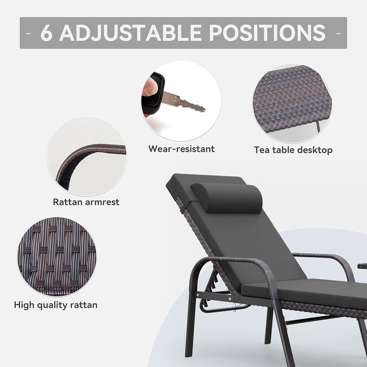 3 Pieces Patio Chaise Lounge Set Outdoor PE Rattan Armrest Lounge Chair Adjustable Backrest Reclining Chair with Folding Table and Cushion for Patio Poolside Backyard Porch Beach(Black)