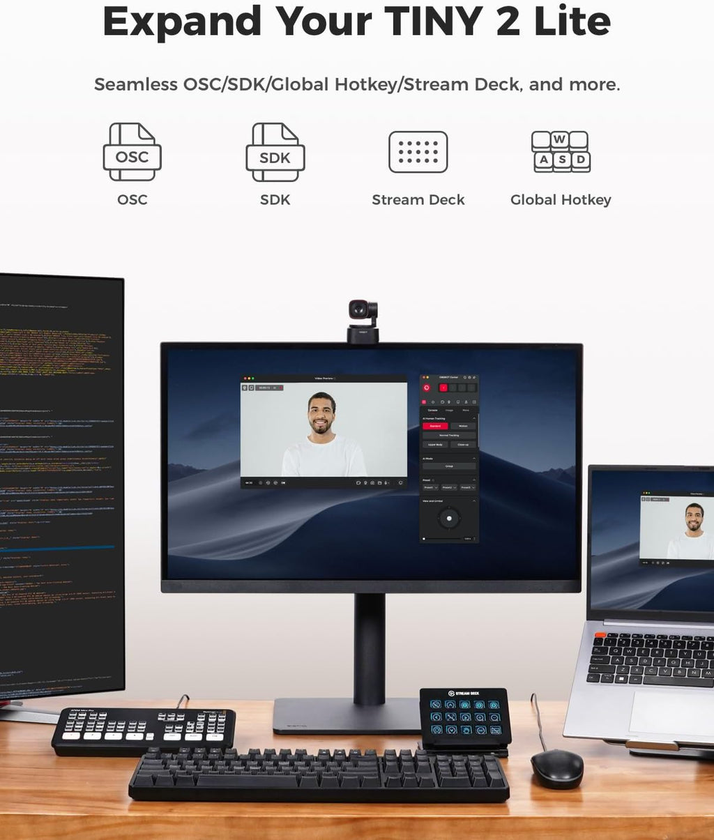 OBSBOT Tiny 2 Lite 4K Webcam for PC, AI Tracking PTZ Streaming Camera with 1/2" Sensor, Gesture Control, 60 FPS, HDR, Microphones, Web Camera for Desktop Computer, Laptop, Meeting, Video Calls, etc.