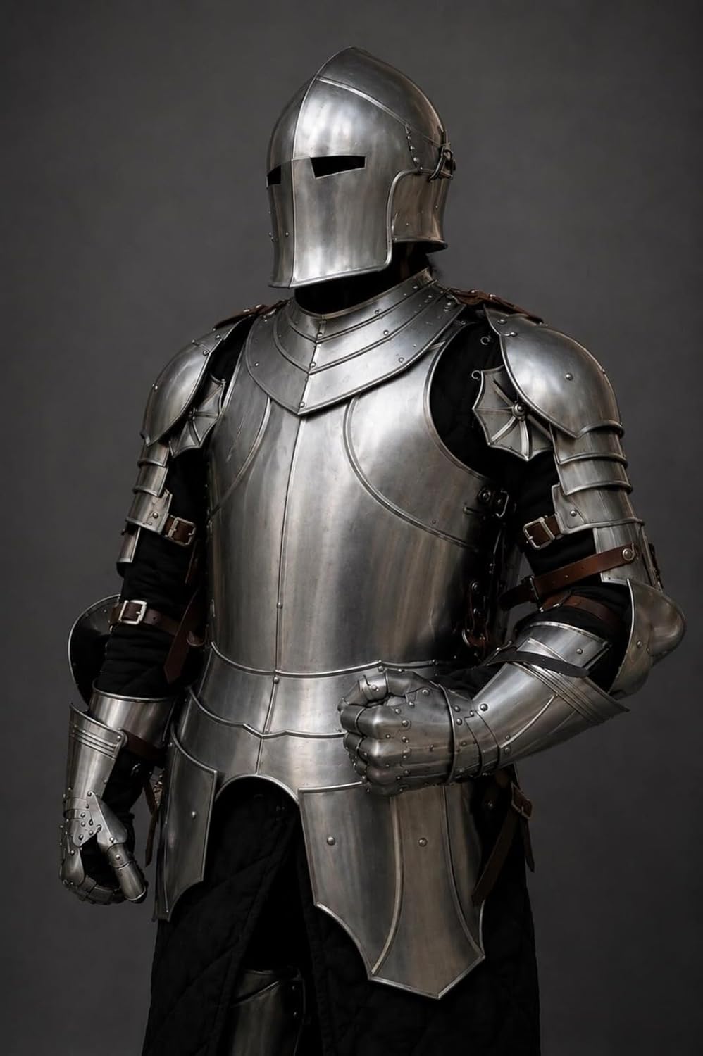 Medieval Steel Full Suit of Armor with Barbuta Helmet - Wearable 18 Gauge Steel Silver Costume Set for LARP, Theater, Cosplay, and Halloween (Full Body)