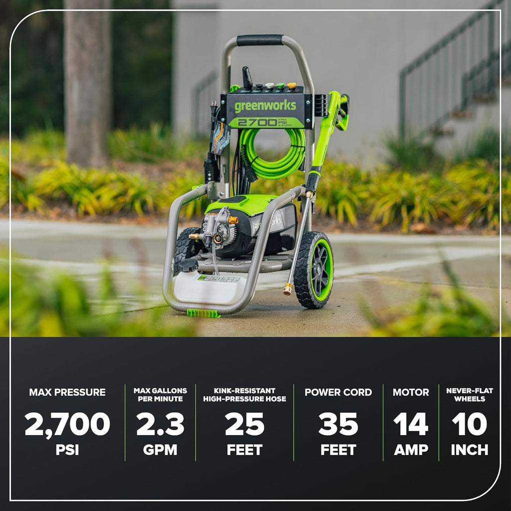 Greenworks Pro Brushless 2700 PSI (CSA Certified) 2.3 GPM Max / 1.2 GPM Electric Pressure Washer (Foldable Handles, Rugged Steel Frame, 25 FT Hose, 35 FT GFCI Power Cord)