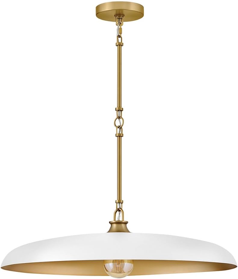 Hinkley Sadie 24" Dome Chandelier, Two Tone Saucer Shade, Transitional Pendant, Adjustable Height for Dining Room or Kitchen, Chalk White with Lacquered Brass Accents
