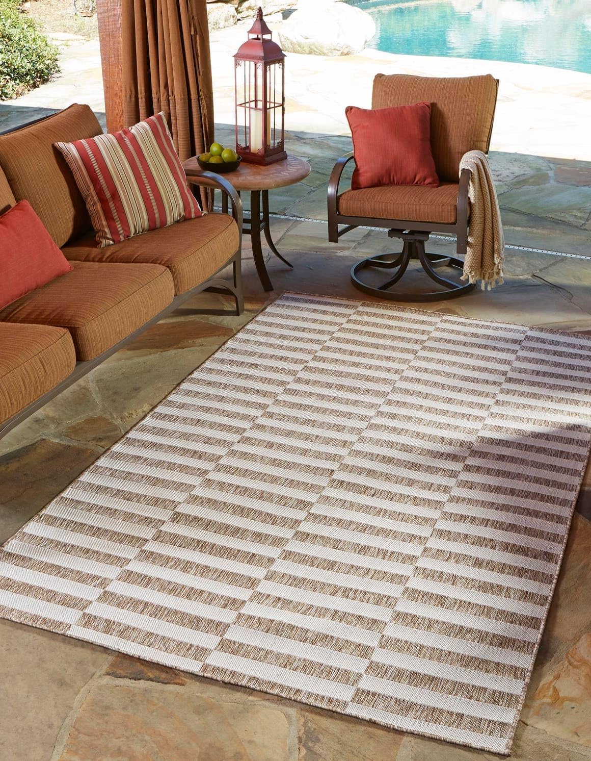 Unique Loom Outdoor Striped Collection Area Rug - Striped (10' x 14' 1" Rectangle Taupe/Ivory)