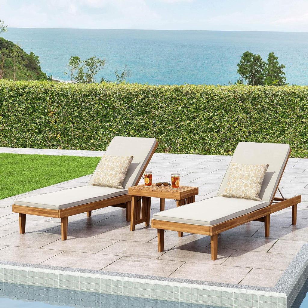 Christopher Knight Home Warner Outdoor Acacia Wood 3 Piece Chaise Lounge Set, Teak Finish, Cream