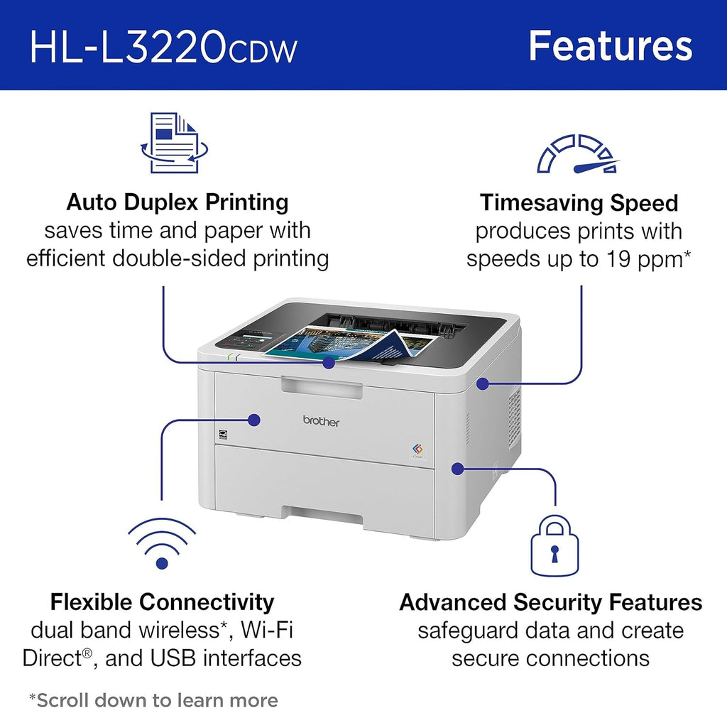 Brother Color Laser Printer with Wireless Printing Fast 19 PPM Output, Duplex Feature, Mobile Device Compatible, 250-Sheet Paper Tray for Professional Home Office Printing (HL-L3220CDW)