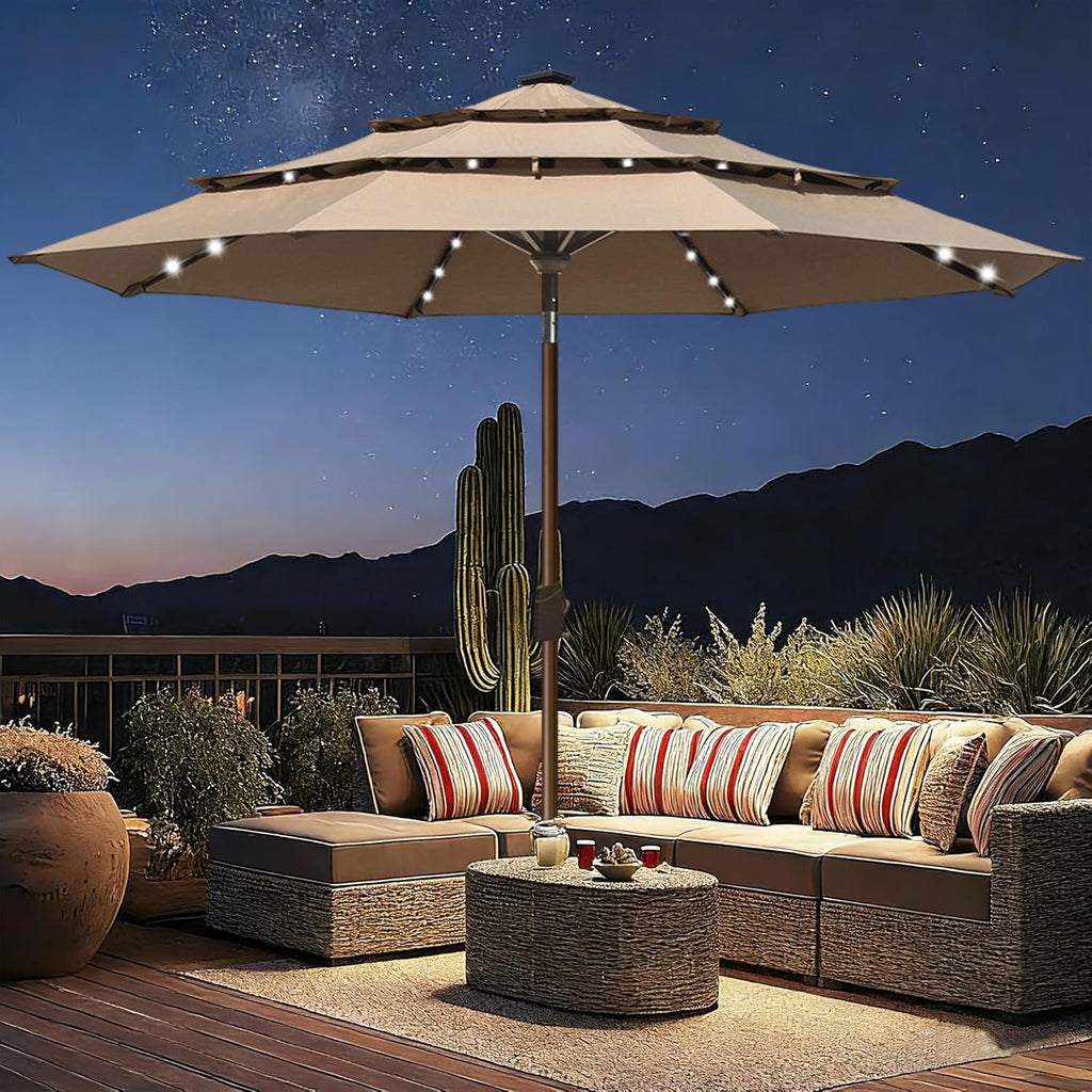 EliteShade USA 10-Year-Non-Fading 10ft 3-Tier Market Patio Umbrella, Commercial Table Umbrella with 80 Solar LED Lights, Crank Open, Windproof & UPF 50+ UV Protection for Garden, Deck, Pool, Backyard, Heather Beige