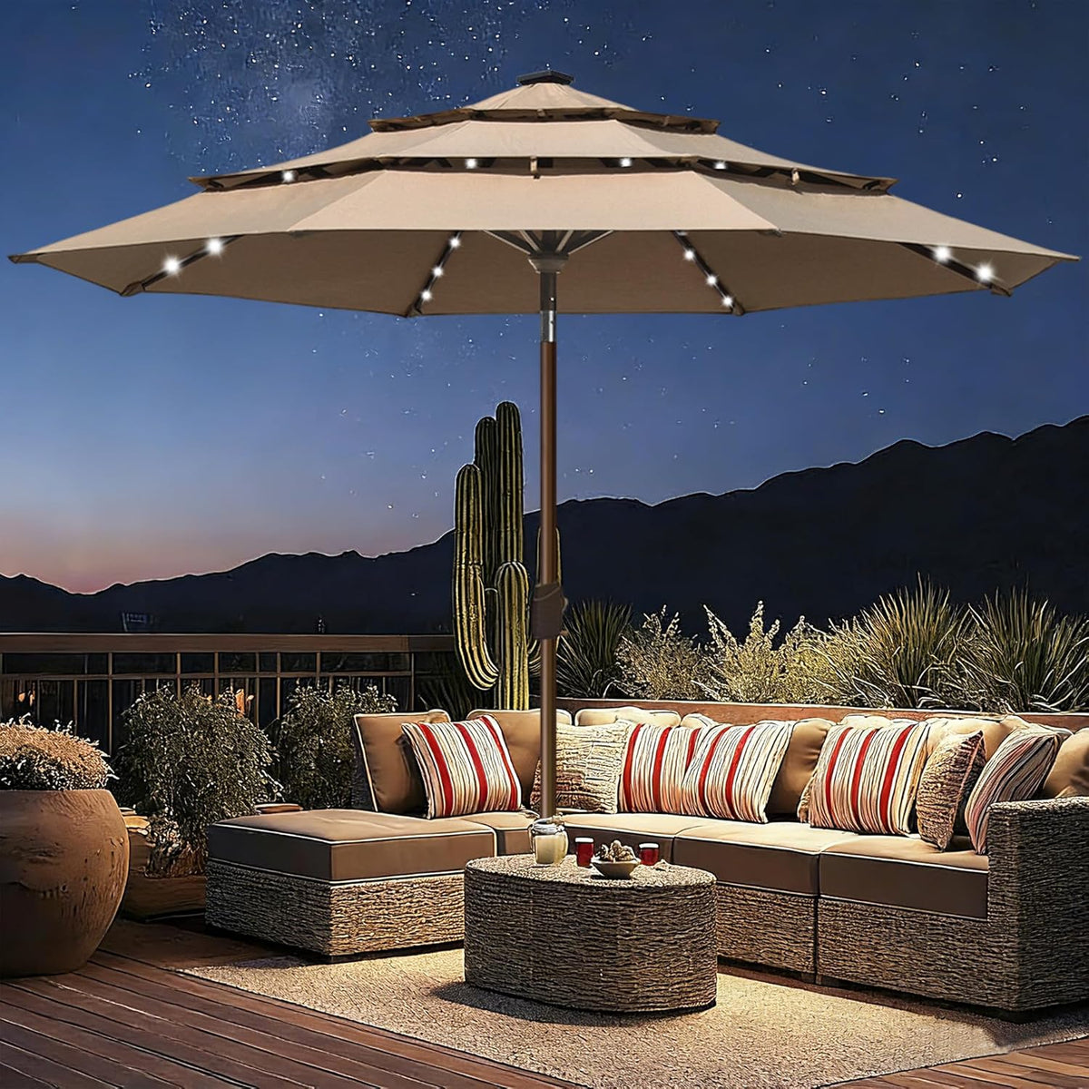 EliteShade USA 10-Year-Non-Fading 10ft 3-Tier Market Patio Umbrella, Commercial Table Umbrella with 80 Solar LED Lights, Crank Open, Windproof & UPF 50+ UV Protection for Garden, Deck, Pool, Backyard, Heather Beige