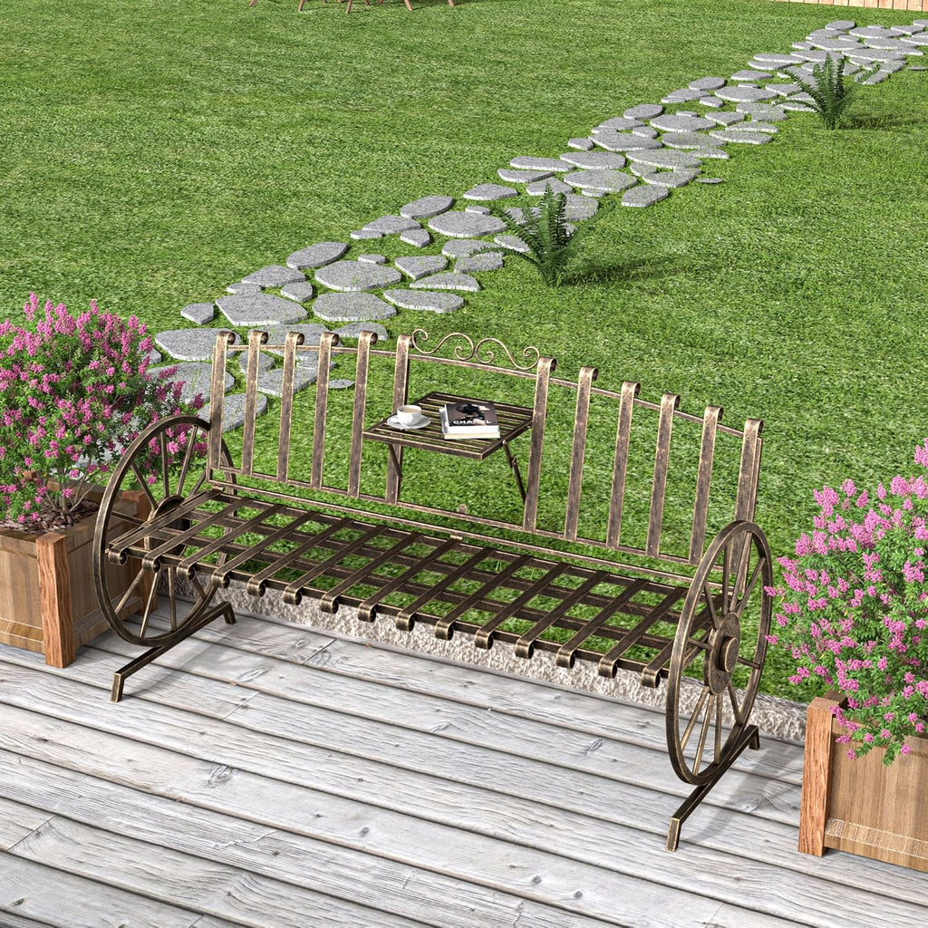 Outdoor Bench Patio Outdoor Garden Bench with Built-in Table, Wagon Wheel Arms, 3 People Outdoor Bench Garden Bench Front Porch Furniture Patio Lawn Yard Park (Bronze)