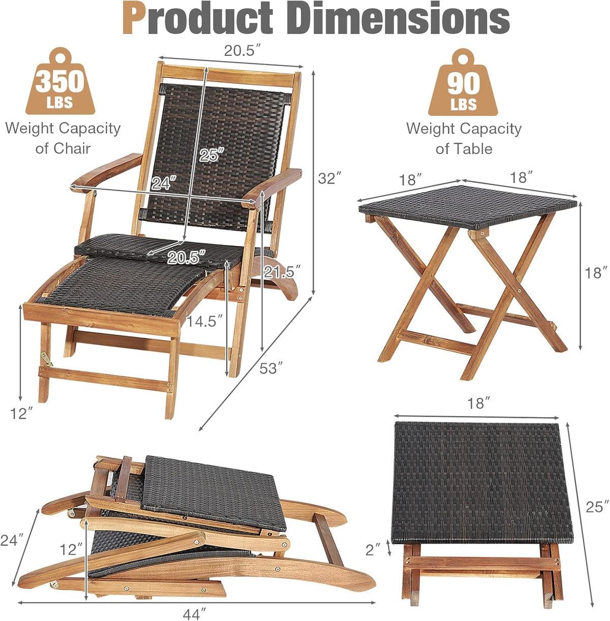 RELAX4LIFE Patio Chaise Lounge Chair Set of 3, Acacia Wood Folding Rattan Wicker Chairs w/Retractable Footrest, Side Table, 3-Piece Outdoor Patio Furniture, Fire Pit Deck Chairs Set for Porch Poolside