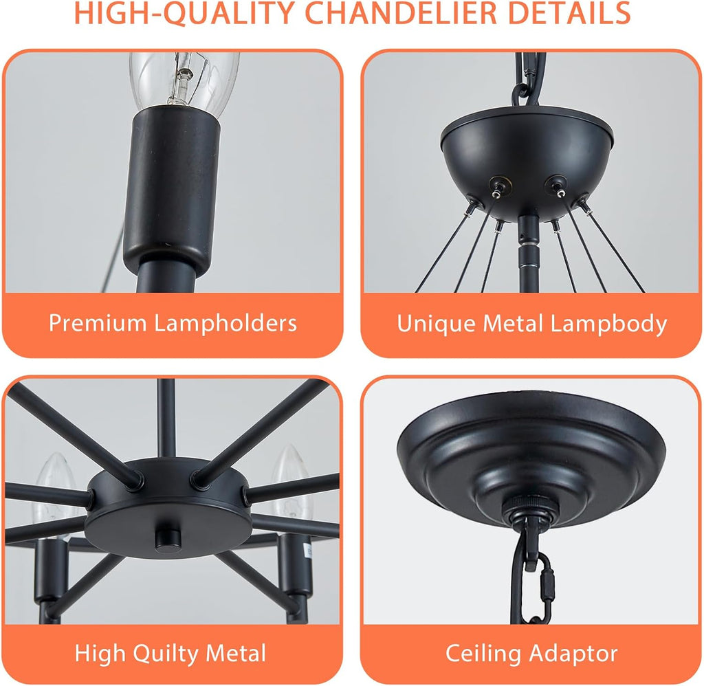 31" Industrial Chandeliers for Dining Room Large Black Chandelier 8-Light Round Farmhouse Kitchen Pendant Lighting Fixture for Entryway, Living Room, Bedroom, Foyer, Office
