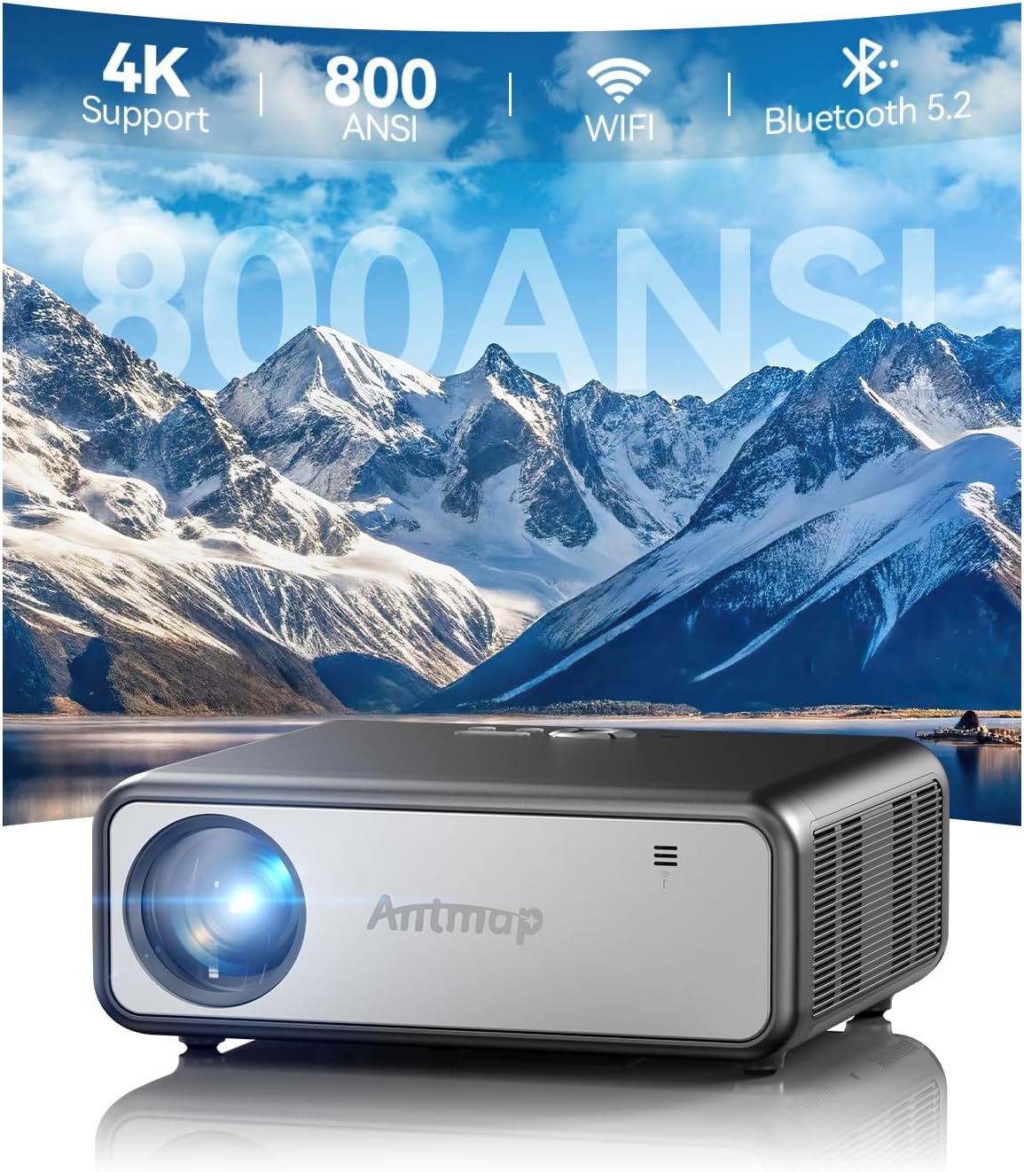 800 ANSI 4K Decoding Projector with WiFi and Bluetooth, Antmap Movie Projector with 5W Immersive Speaker, 300'' Display for Indoor/Outdoor, Home Theater Proyector for phone/Tablet/Laptop/PS5
