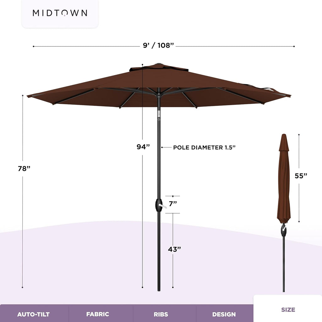 Midtown Umbrellas - The Lean 9 Ft Patio Umbrella with Fade-Resistant Sunbrella Fabric, Auto-Tilt Aluminum Frame and 8 Reinforced Ribs for Deck, Pool & Garden - Bay Brown Canopy, Black Pole