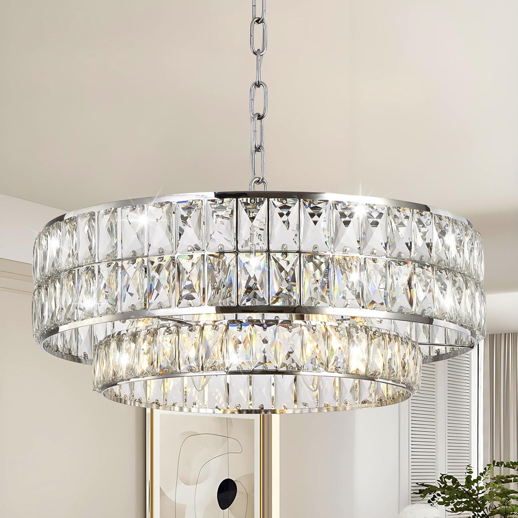 20 Inch Contemporary Luxury Crystal Chandelier, 6-Light Chrome Semi-Flush Mount Ceiling Fixture, Round Crystal Pendant Design Perfect for Living Room, Dining Room, Kitchen, Foyer & Bedroom