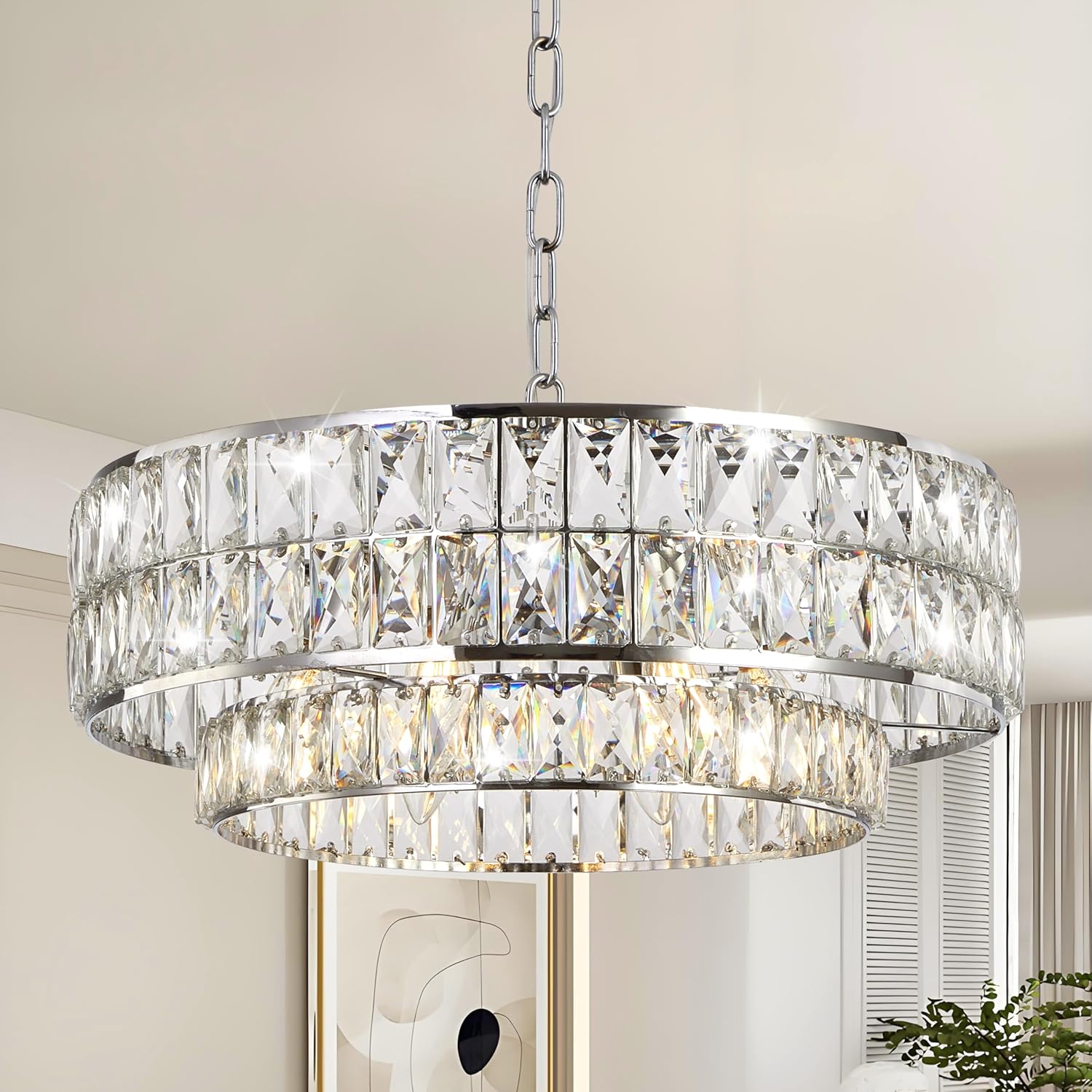 20 Inch Contemporary Luxury Crystal Chandelier, 6-Light Chrome Semi-Flush Mount Ceiling Fixture, Round Crystal Pendant Design Perfect for Living Room, Dining Room, Kitchen, Foyer & Bedroom