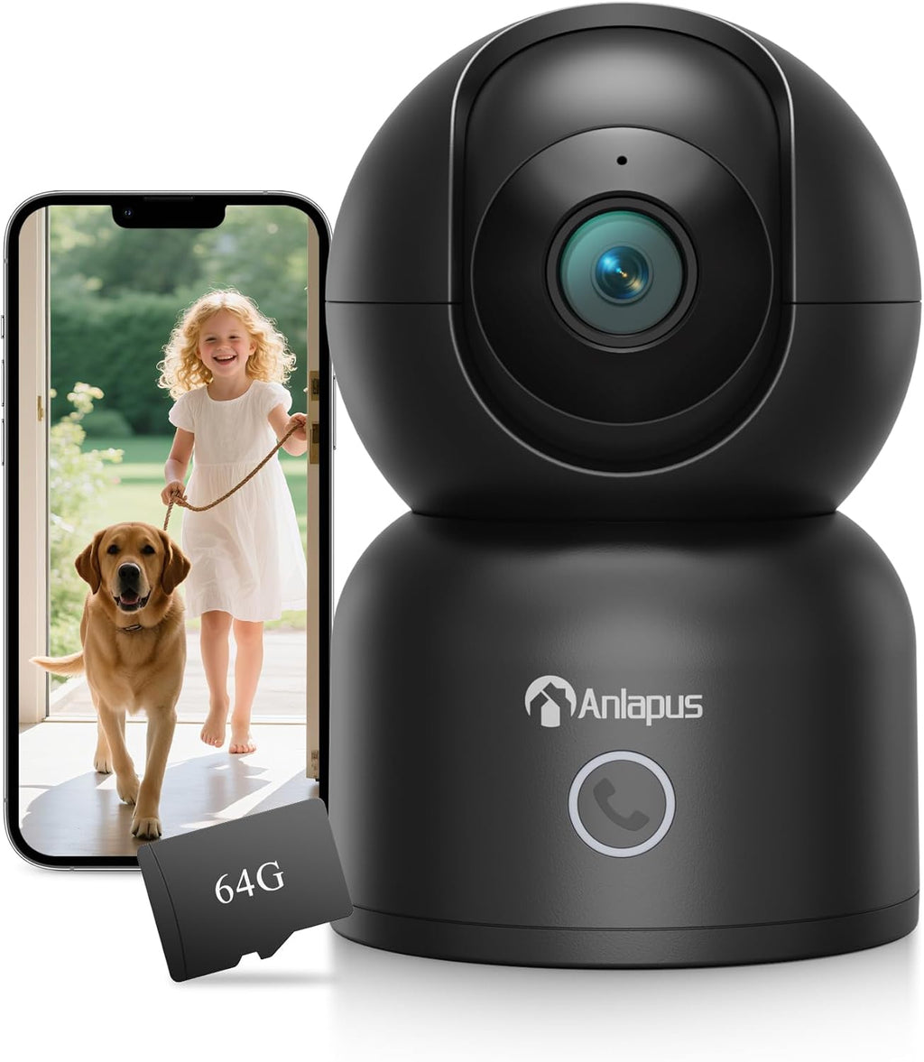 Anlapus A50 4K Pan/Tilt Home Indoor Security Camera, Plug-in WiFi Pet/Baby Monitor with One-Touch Call, AI Human/Pet/Face Tracking, 2.4/5 GHz, Two-Way Talk, Night Vision, 64G Memory Card Storage