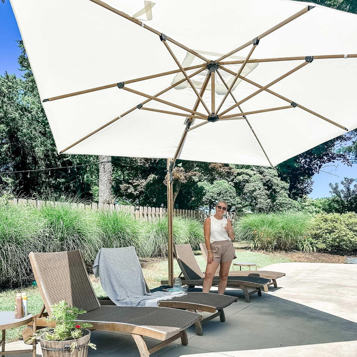PURPLE LEAF 11FT Patio Umbrella Square Cantilever Umbrella Teak Finished Aluminum Frame Large Windproof Offset Outdoor Sun Umbrellas for Beach Pool Deck, Cream