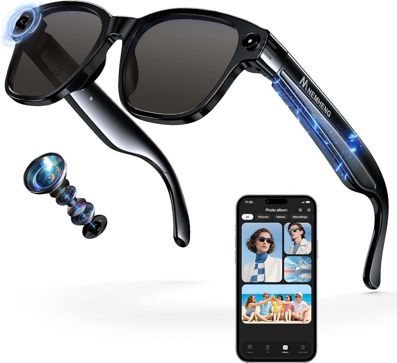 Nemheng AI Smart Glasses with 800mp Camera – Real-Time Translation in 139 Languages,1200p Video Recording,Open-Ear Audio,Object Recognition for iOS Android