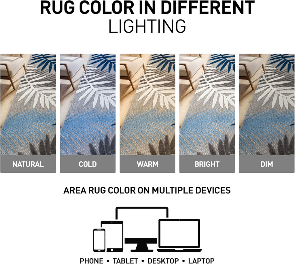 Rugshop Indoor/Outdoor Palm Leaf Area Rug, Non-Shedding Easy-Care Design for Backyard, Deck and Outdoor Lounge, Blue, 10' X 14'