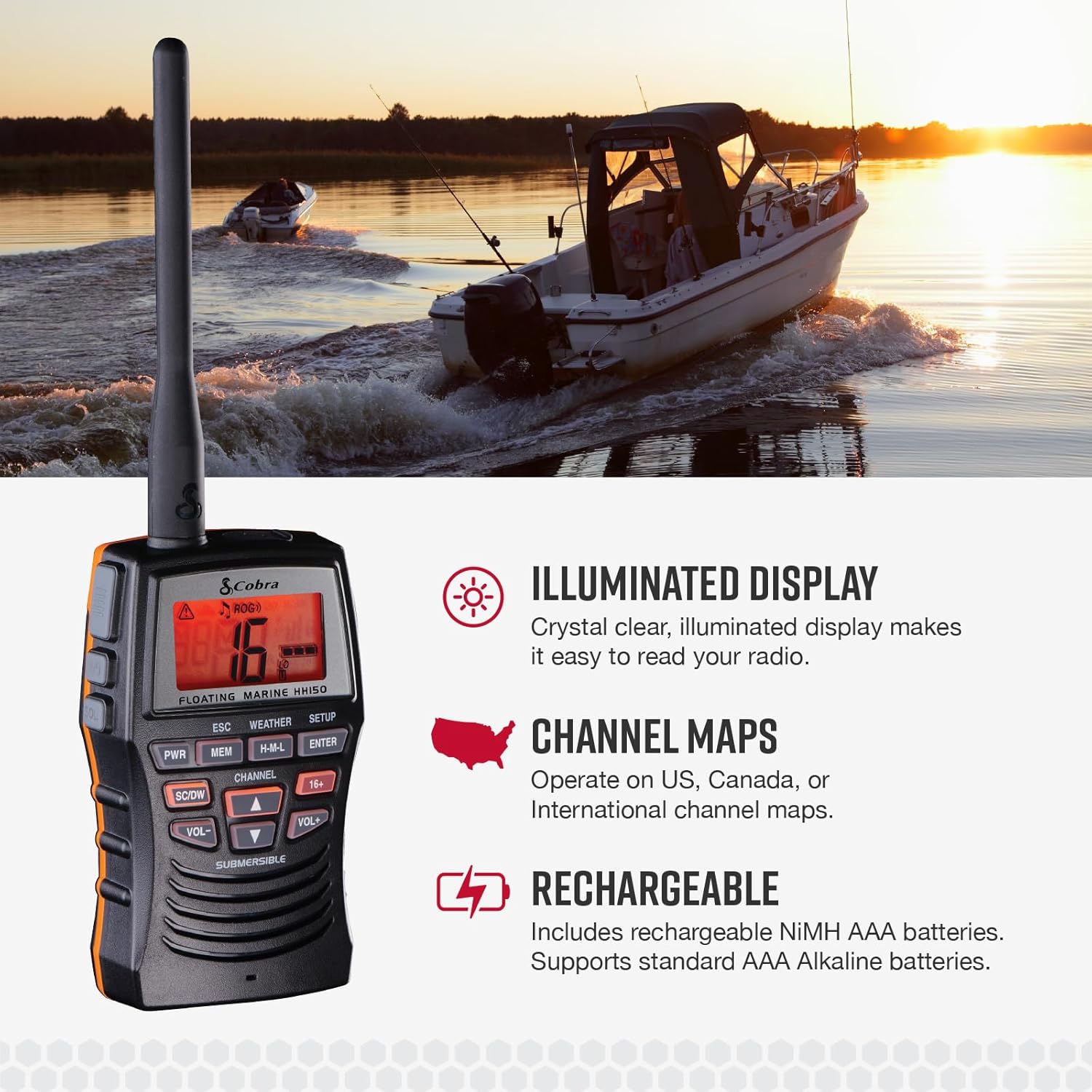Cobra VHF Marine Radio - MR HH150 FLT - 3 Watt, Floating, Long Range, Handheld, NOAA, International, Waterproof, Submersible, Weather Alerts, LCD Screen, Belt Clip