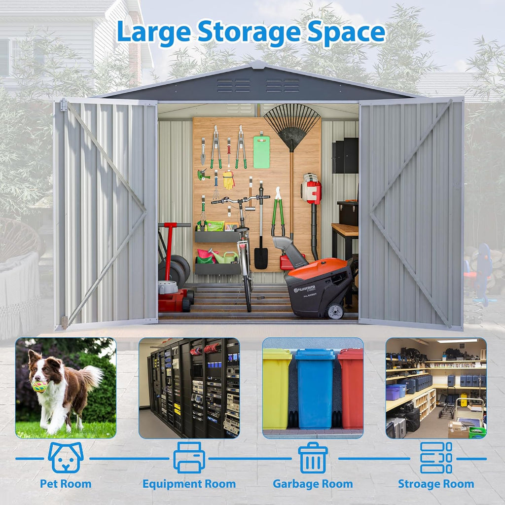 8x6 FT Outdoor Metal Storage Shed, Gray, with Floor Foundation, Lockable Hinged Doors, Air Vents, for Backyard and Lawn