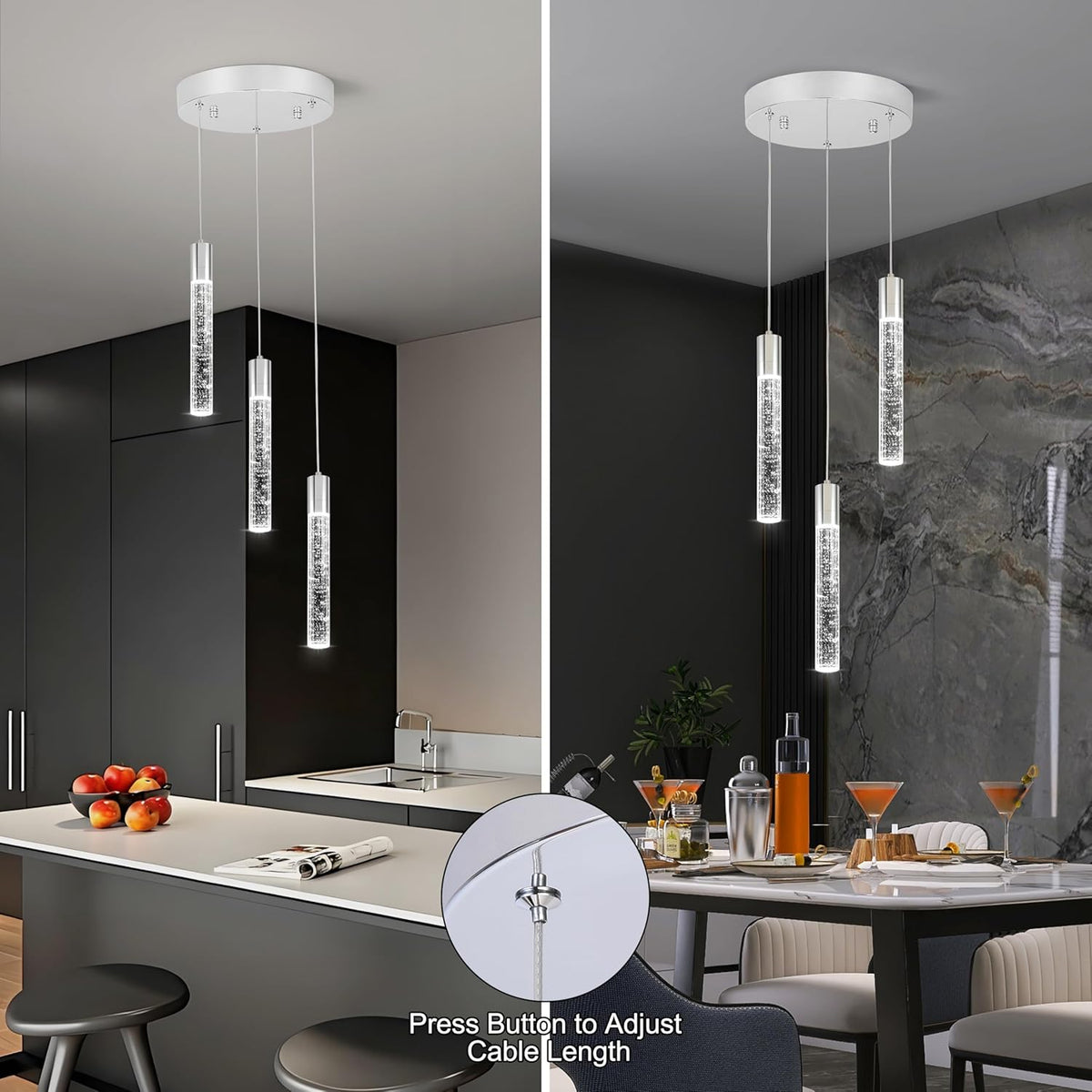 3 Light Pendant Lights Kitchen Island,Modern LED Bubble Crystal Pendants with Dimmable 3000K-6000K Ceiling Hanging Light Fixture for Dining Room Bedroom,Chrome Finish,Adjustable Height 59"