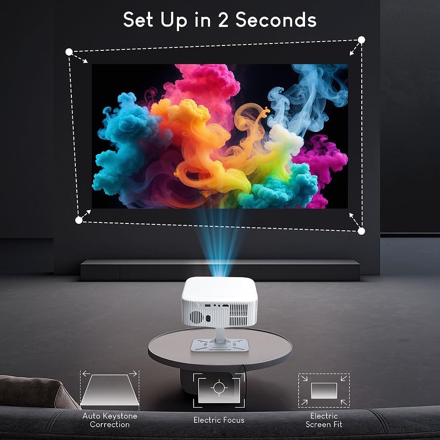 Smart Projector with Built in Apps, Mini Projectors 4K, Wifi and Bluetooth, FHD 1080P Outdoor Movies Proyector Compatible with Netflix, YouTube, PrimeVideo, Auto Keystone/Electric Focus (White)