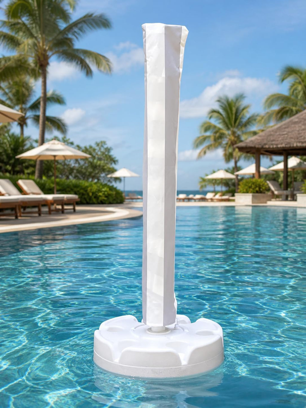 Floating Pool Umbrella with Table, 6 Cup Holders, 7 ft UV 50+ Sun Shade, Stable Water Umbrella for Pool, Lake & Beach, Convertible Beach Table