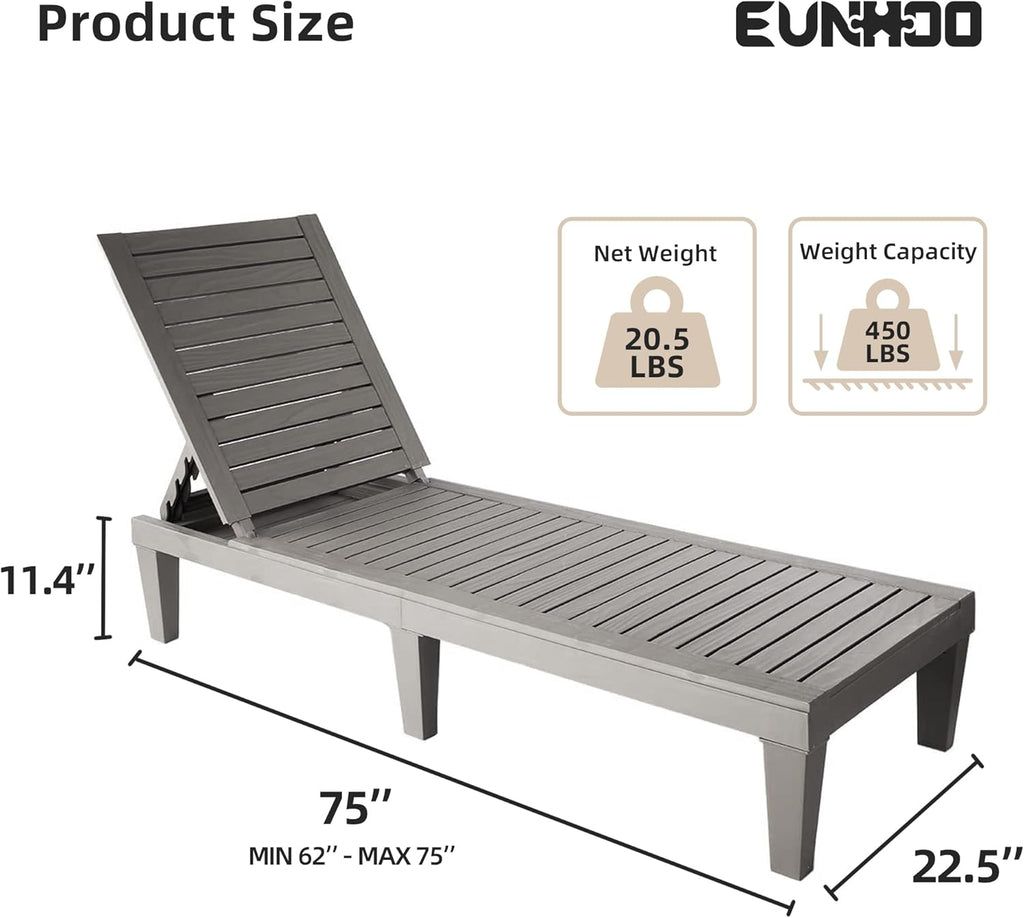 EUNHOO Outdoor Lounge Chaise, Adjustable Pool Lounge Chairs with 5 Positions Backrest, Waterproof Sun Loungers for Garden Pool Beach Patio Deck Sunbathing Set of 4