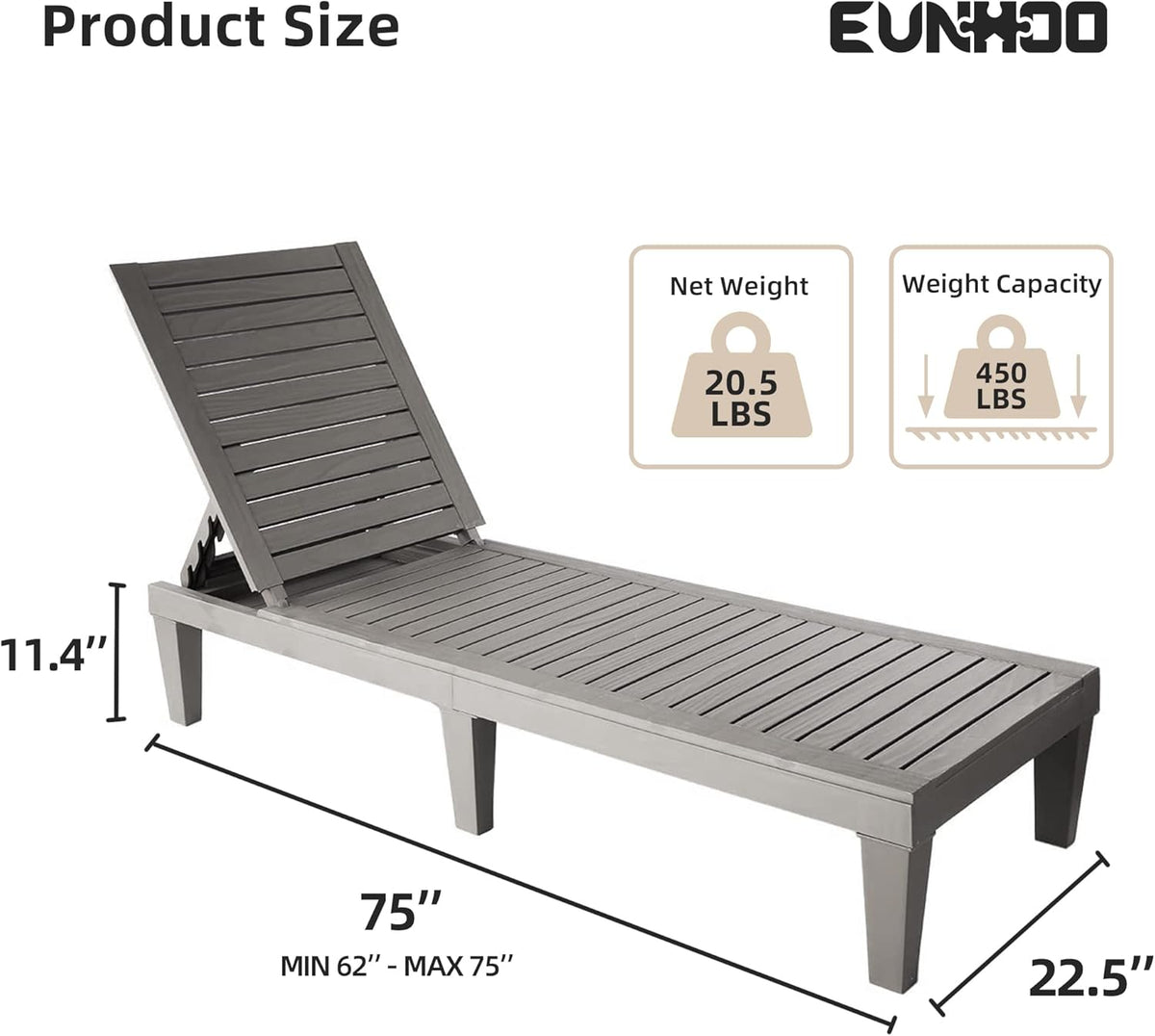 EUNHOO Outdoor Lounge Chaise, Adjustable Pool Lounge Chairs with 5 Positions Backrest, Waterproof Sun Loungers for Garden Pool Beach Patio Deck Sunbathing Set of 4