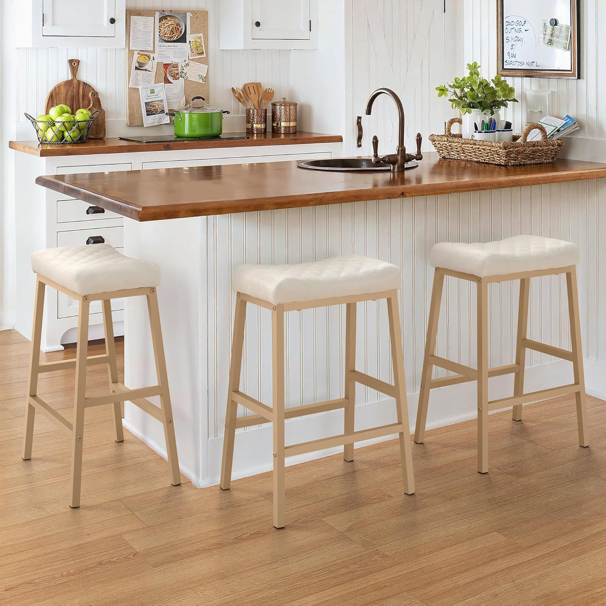 Counter Height Bar Stools Set of 3, Barstools with Thick PU Leather Saddle Seat & Black Metal Legs, 24 Inches Kitchen Counter Stools, Lvory White