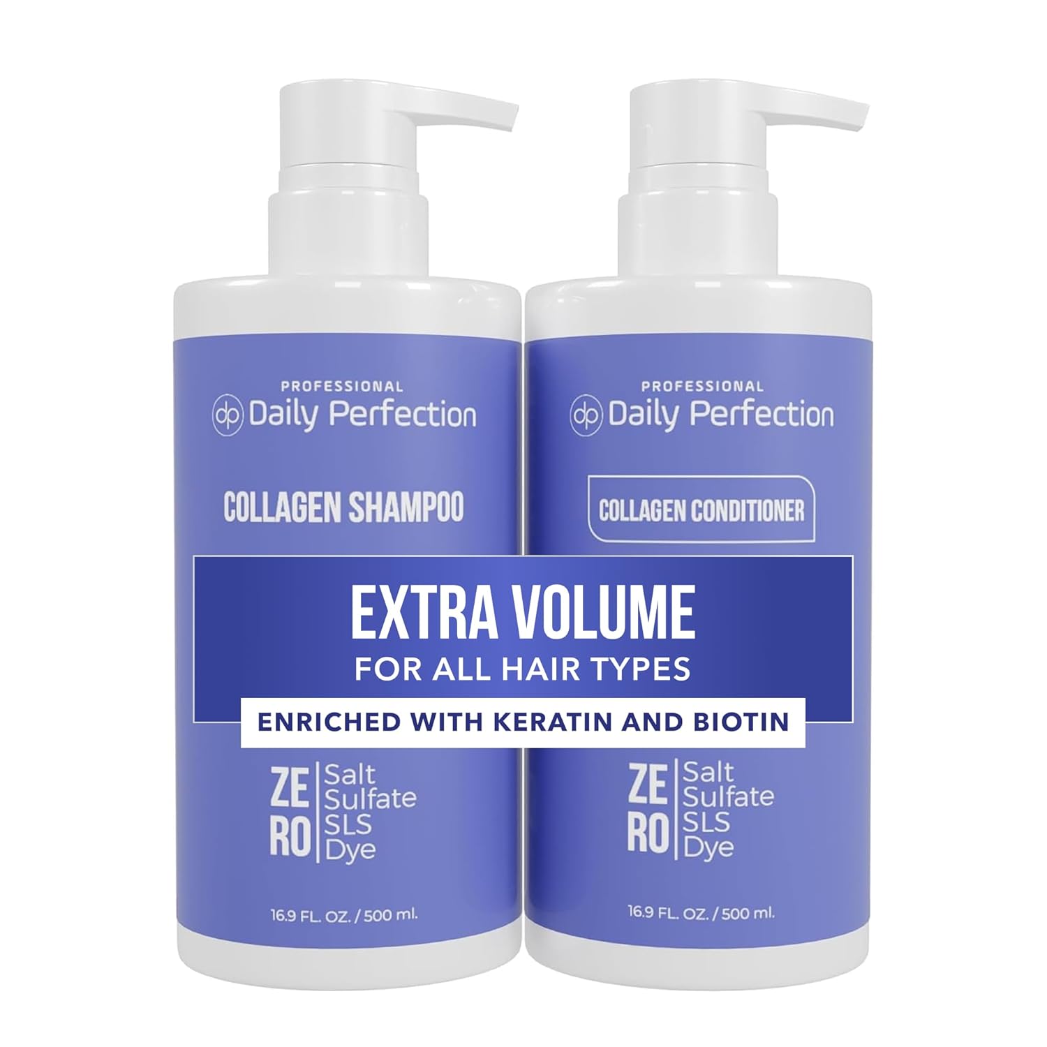 Daily Perfection Collagen Shampoo and Conditioner Set - Extra Volume Hair Care Duo with Biotin and Keratin for All Hair Types - Salt, Sulfate and Paraben Free - 16.9 Fl Oz Each, 2-Piece Set