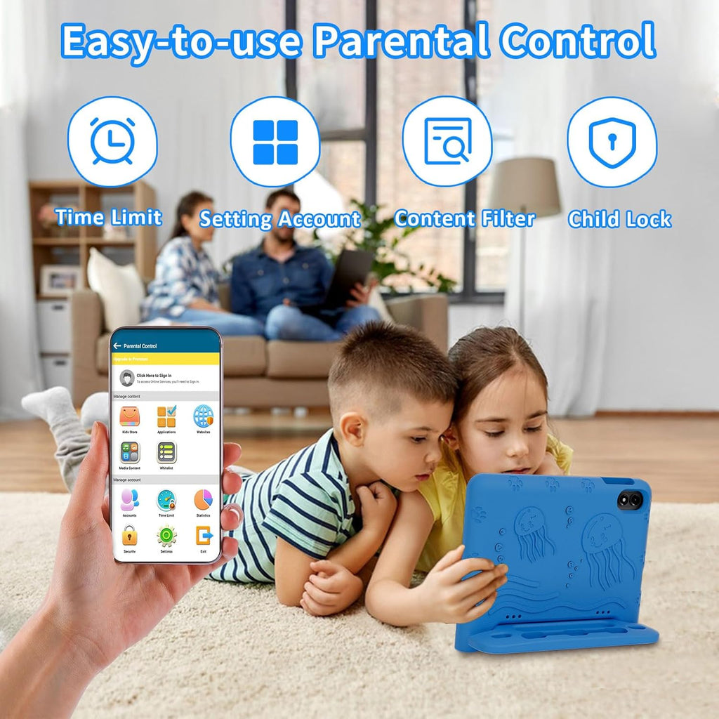 WXUNJA Android 15 Kids Tablet, 2025 Upgraded 10.1 Inch Tablets with Octa-core Processor, 6000mAh Battery, Kid Space, Parental Control,Pre-Loaded Kids Apps, 2.4/5GHZ Dual WiFi, Case Included, Blue