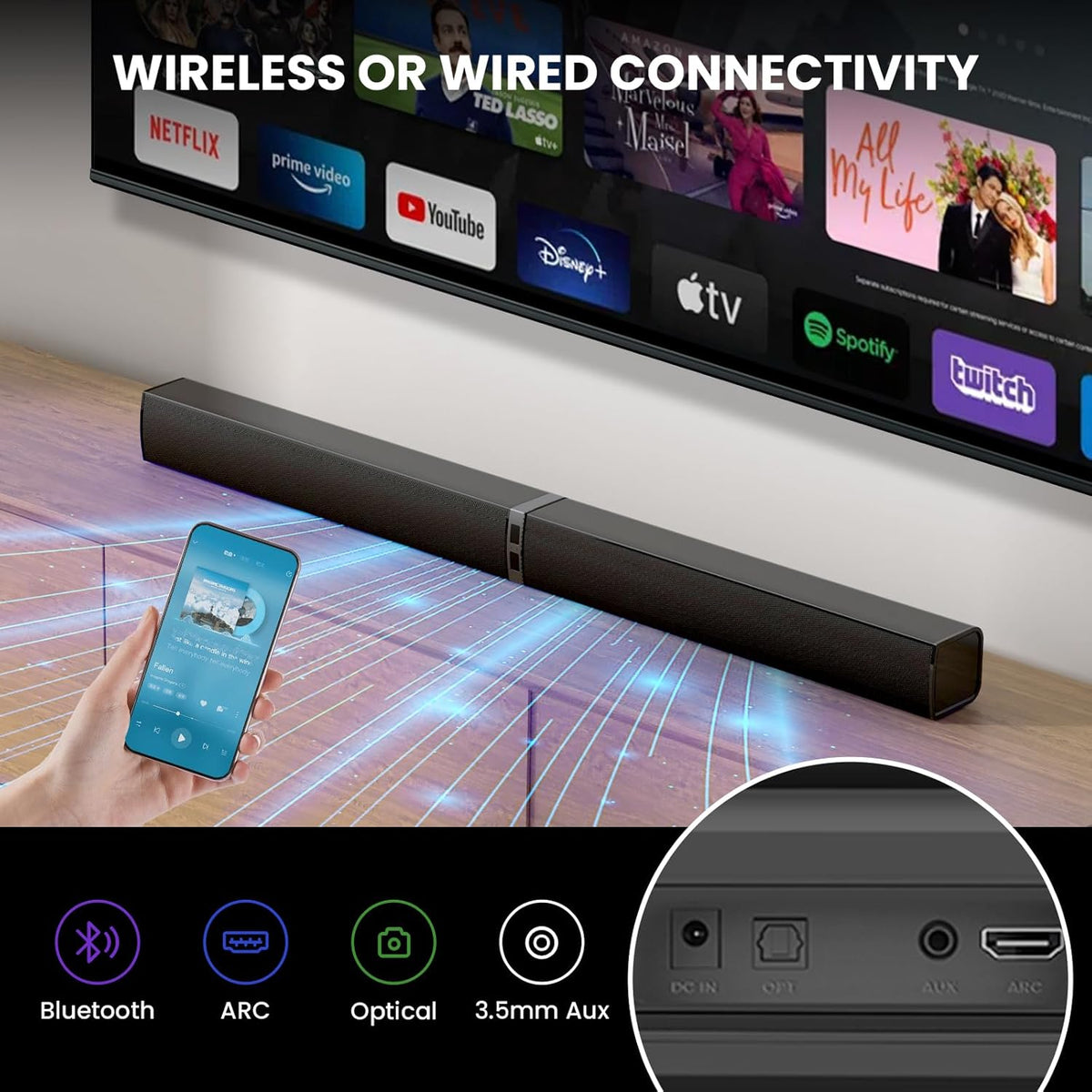 MZEIBO Sound Bar for Smart TV .80W Detachable Bluetooth Soundbar with Powerful Bass, 2-in-1 Home Theater Audio System, ARC/Optical/AUX Connectivity for TV/PC/Laptop/Game Console