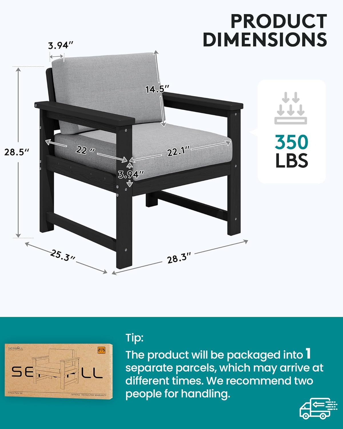 SERWALL 2 Pieces Single Cushioned Lounge Chair, Black HDPE Outdoor Adirondack Sofa Armchair with Grey Cushion