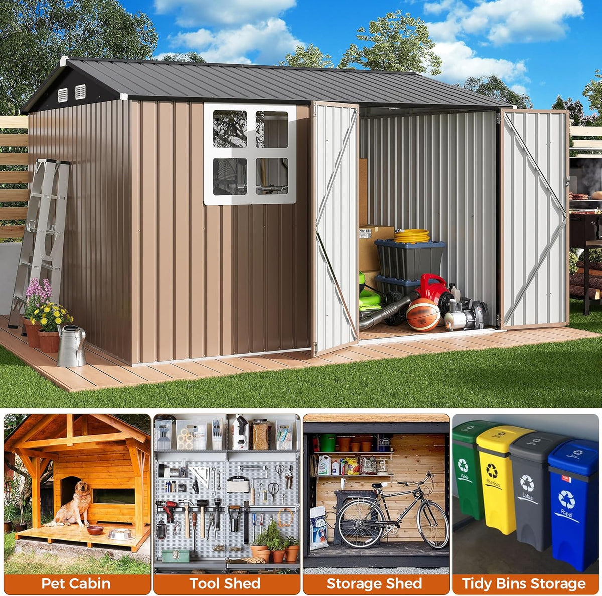 IRONCK 10x8.2 FT Storage Shed with Clear Window, Outdoor Tool Shed with Lockable Doors and Breathable Ventilation, Metal Garden Storage with 9.5x8 FT Base for Generators/Bikes/Wheelbarrows, Brown