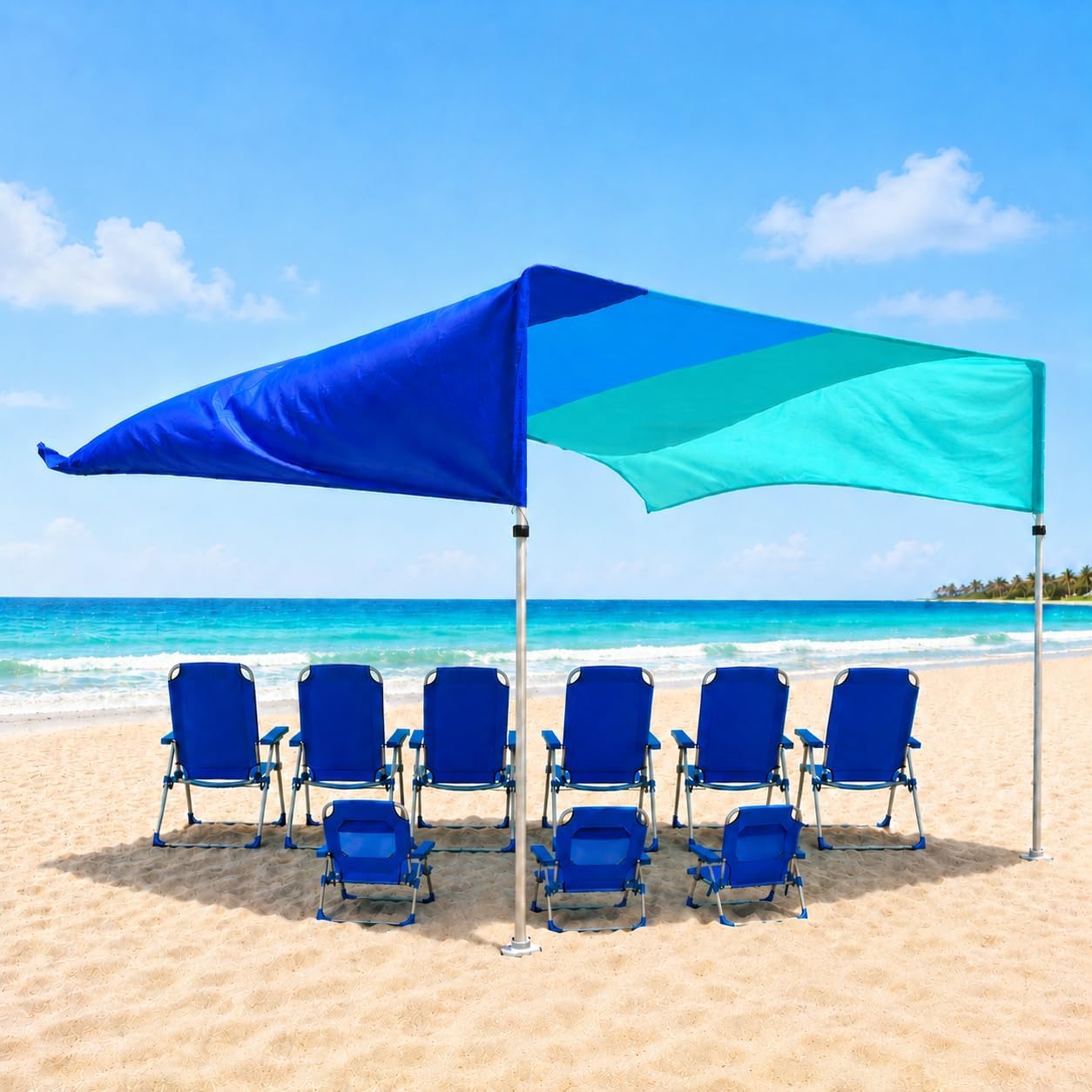 MillionShades® Beach Shade Canopy – No Ropes, No Sandbags, Quiet in Wind, 14x14 ft Wind-Propelled® Beach Shade Sail, UPF 50+, Grande for 10+ People