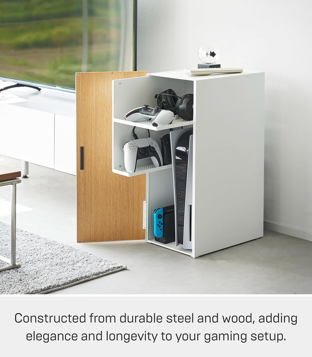 Yamazaki Home Tower Large Capacity Game Console Rack – Organize Controllers, Pull-Out Shelf, Cable Management - Steel