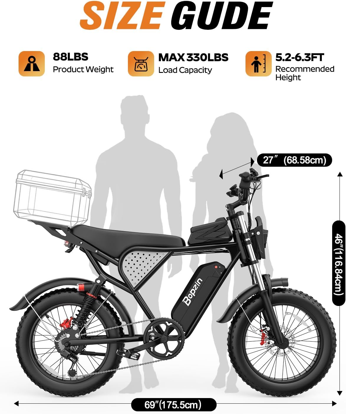Bopzin Electric Bike for Adult 1500W Peak Motor, 35MPH Speed, 48V 25AH Removable Large Battery Up to 80 Miles Range, UL 2849 Certified, Dual Suspension, 20" Fat Tires E-Bike