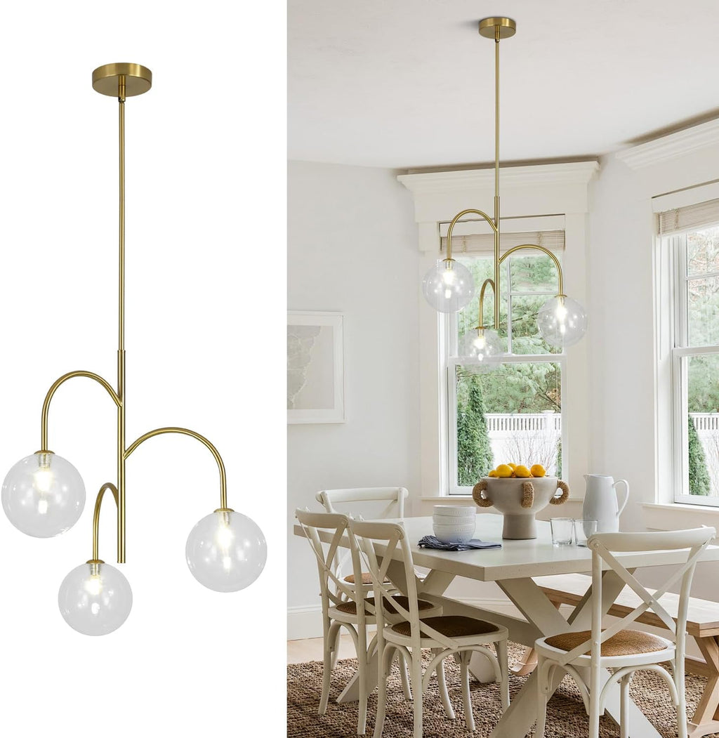 Modern Gold Globe Pendant Lighting 3-Light Clear Glass Bubble Chandelier Mid Century Sputnik Light Fixture Brushed Brass Ceiling Pendant Light for Kitchen Island Living Room