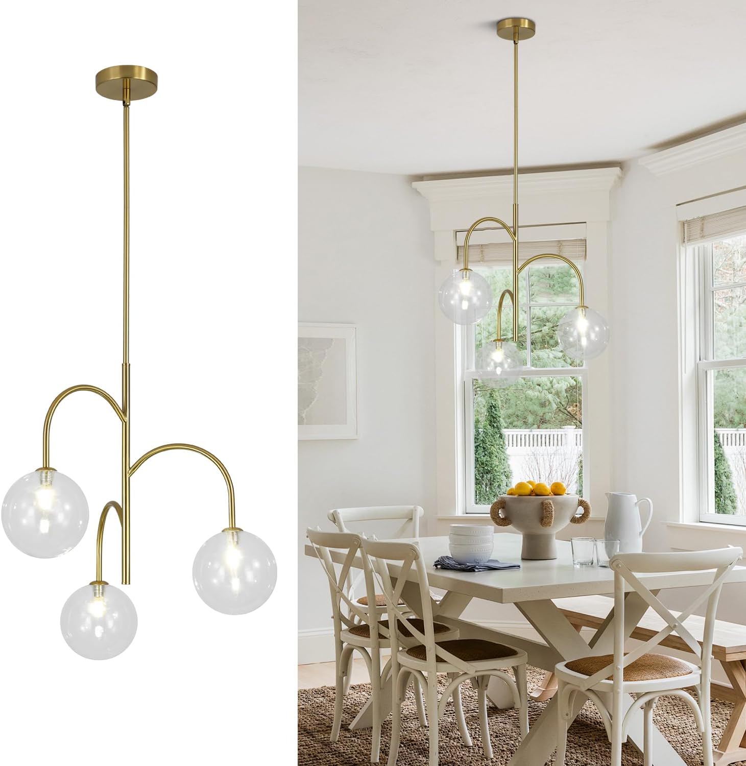 Modern Gold Globe Pendant Lighting 3-Light Clear Glass Bubble Chandelier Mid Century Sputnik Light Fixture Brushed Brass Ceiling Pendant Light for Kitchen Island Living Room