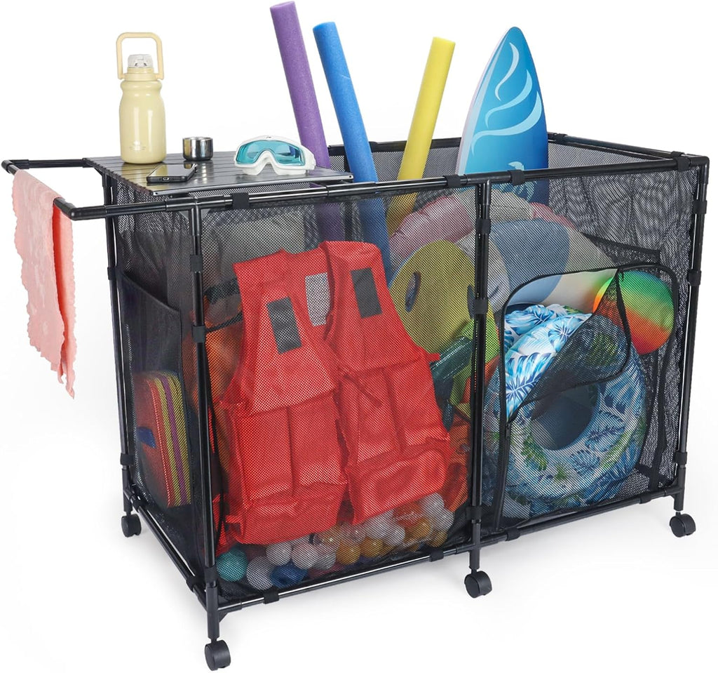 152Gal Pool Storage Organizer with Tabletop,Towel Bar,Zipper Doors,360° Rotating Wheels,Weather-Resistant,Easy Assembly,for Indoor Outdoor,Pool,Patio,Beach (M Size)