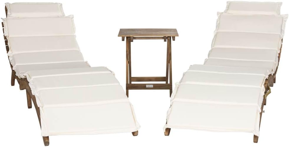 SAFAVIEH Outdoor Collection Pacifica Natural Brown Solid Wood/Beige Cushion 3-Piece Chaise Lounge Set with Table (PAT7020B)