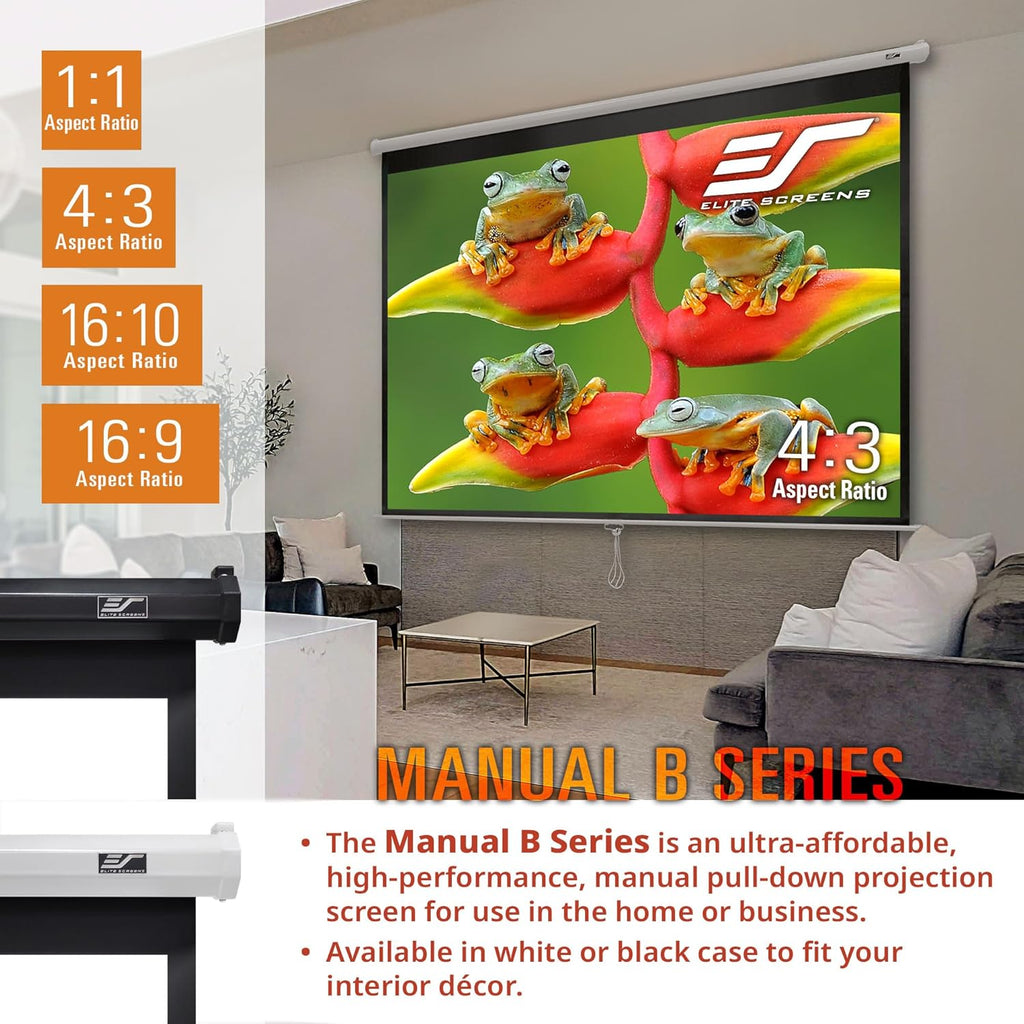 Elite Screens Manual B, 100-INCH Manual Pull Down Projector Screen Diagonal 16:9 Diag 4K 8K 3D Ultra HDR HD Ready Home Theater Movie Office Presentation, M100H