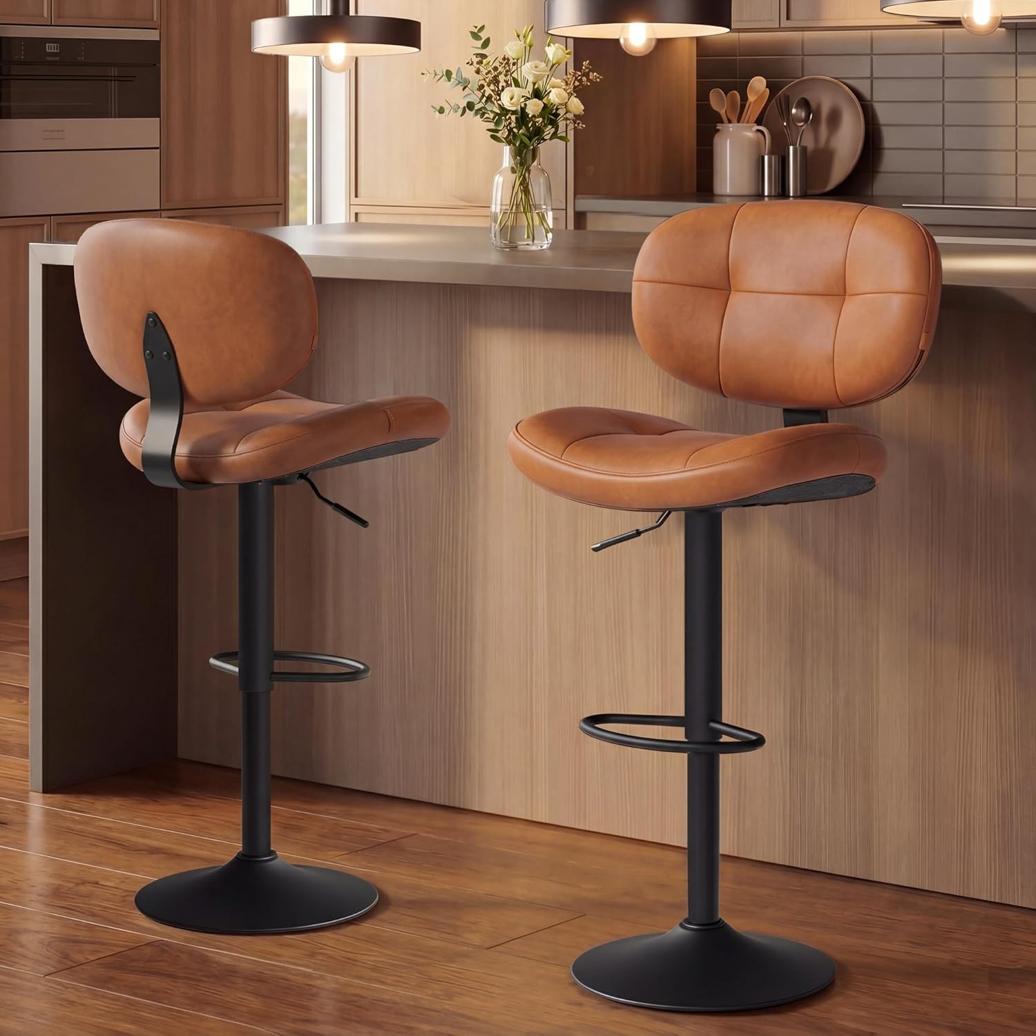 VASAGLE Bar Stools Set of 2, Height Adjustable Kitchen Barstools, Swivel Bar Chairs with Back and Footrest, Quilt PU Leather Surface, Dining Room, Counter, Steel, Caramel Brown ULJB150K101S