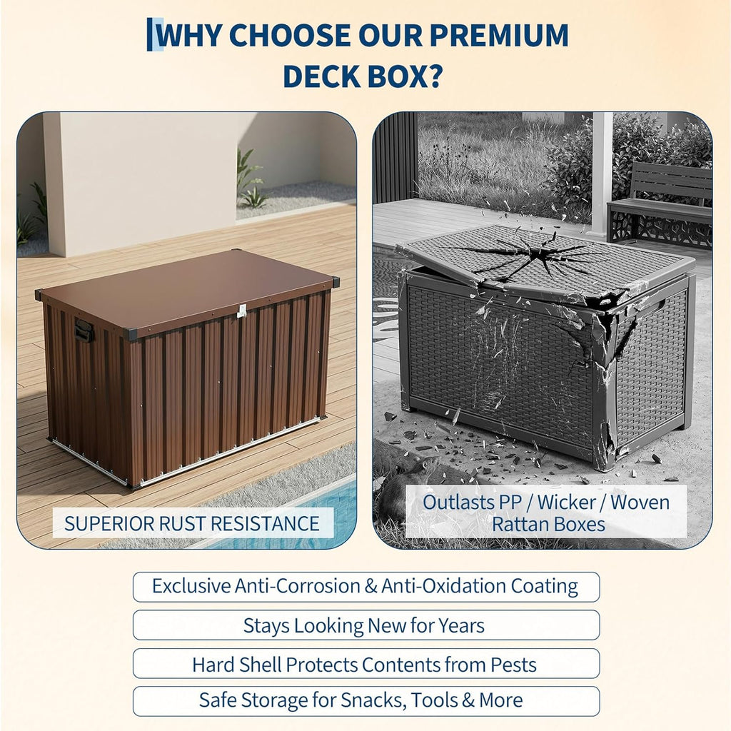 Metal Deck Box 150 Gallon Waterproof Patio Storage Container, Metal Outdoor Storage Box with 0.6 mm Galvanized Steel and 0.3 mm Coated Steel Panels, Large Bin with Wheels for Deck, Porch, Pools