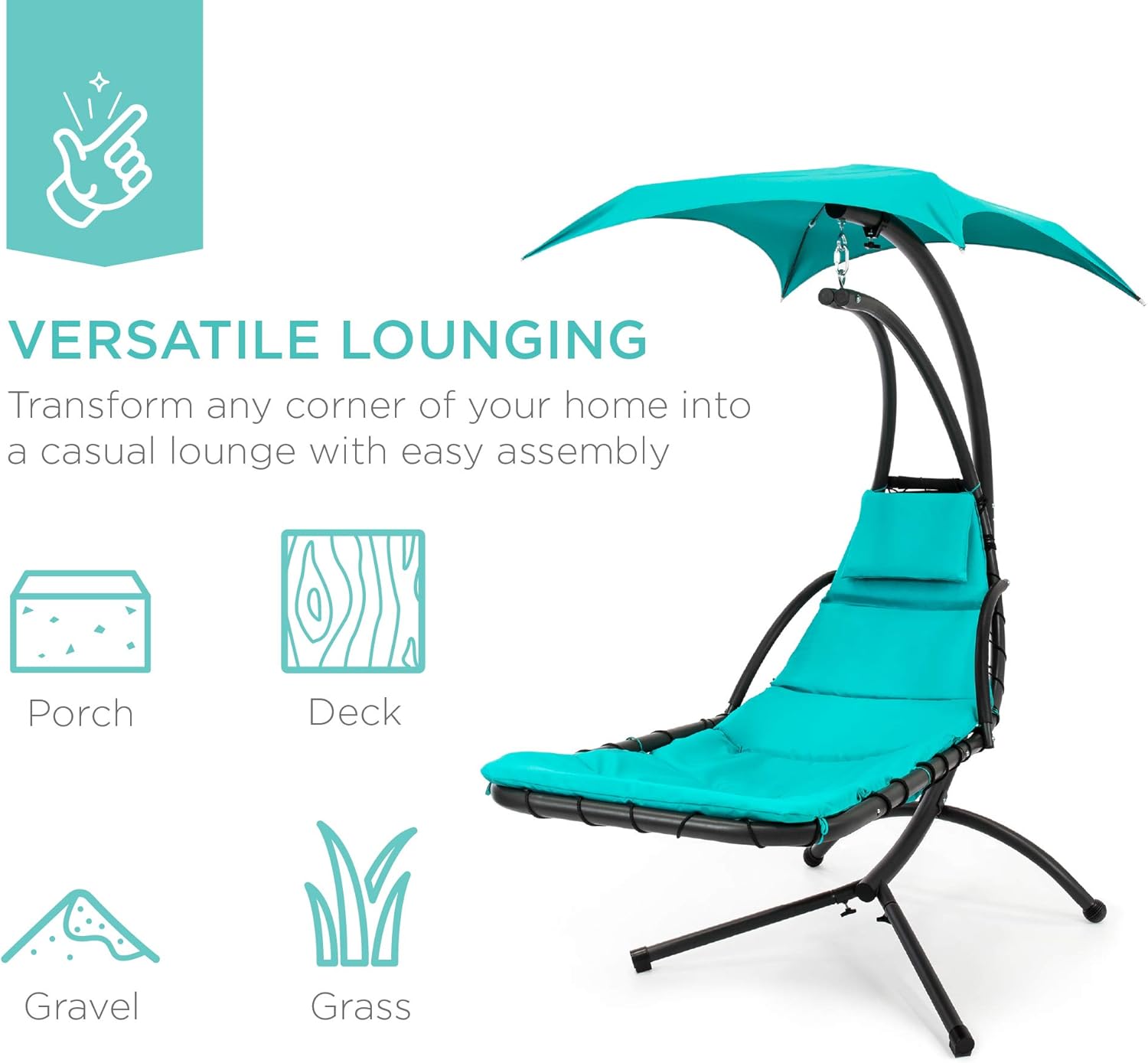 Best Choice Products Outdoor Hanging Curved Steel Chaise Lounge Chair Swing w/Built-in Pillow and Removable Canopy - Teal