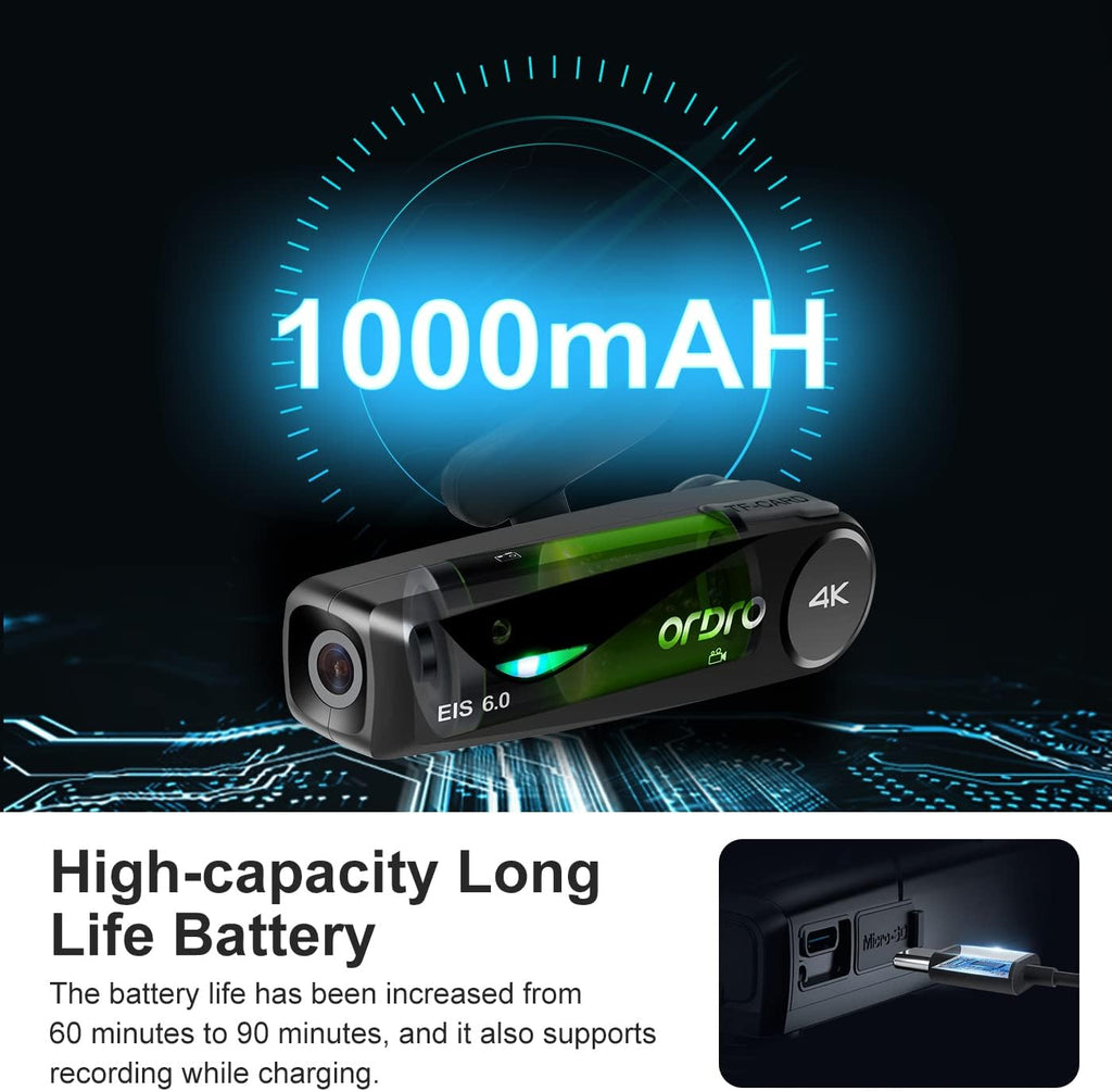 ORDRO EP6 Plus 4K Video Camcorder Wearable Vlog Camera, Vlog Video Camera UHD 1080P 60FPS Hands-Free Head Mounted Camera with EIS 6.0 Anti-Shake, 32G Micro Memory Card, Smart Remote